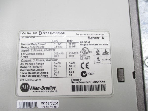 ALLEN BRADLEY 20BD022A0AYNANN0 SER. A F/W 3.002 432-528V 19.9A UNMP