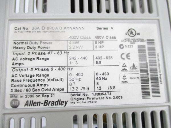 ALLEN BRADLEY 20AD8P0A0AYNANNN SER. A F/W 2.009 432-528V 9.8A UNMP