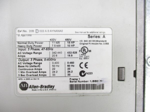 ALLEN BRADLEY 20BD022A0AYNANA0 SER. A F/W 3.002 432-528V 19.9A UNMP