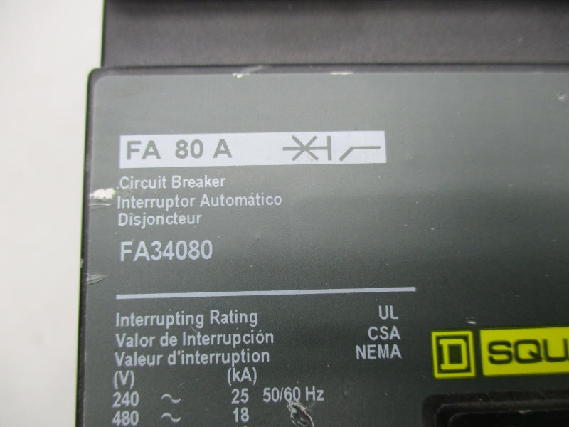 SQUARE D FA34080 480V 80A UNMP