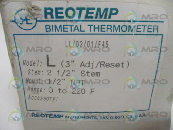 REOTEMP LL/02/01/F45 BIMETAL THERMOMETER 0-220F 2-1/2" STEM *NEW IN BOX*