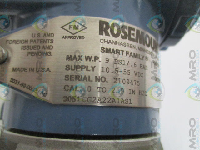 ROSEMOUNT 3051CG2A22A1AS1 PRESSURE TRANSMITTER 0-250" H2O *NEW NO BOX*