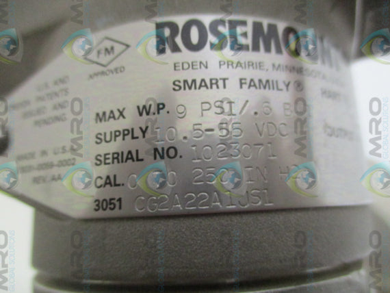 ROSEMOUNT 3051CG2A22A1JS1 PRESSURE TRANSMITTER 0-250" H2O *USED*