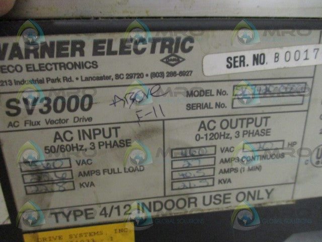 WARNER ELECTRIC SECO SV3000 SV3420-00000 AC FLUX VECTOR DRIVE *USED*