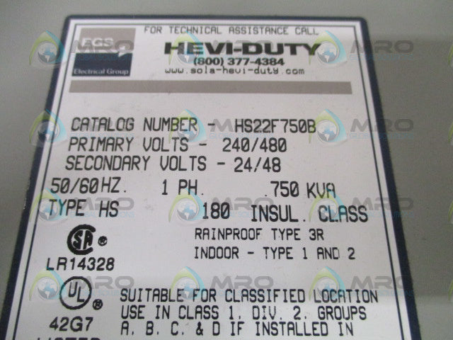 SOLA HS22F750B BUCK-BOOST TRANSFORMER 240/480V *NEW IN BOX*