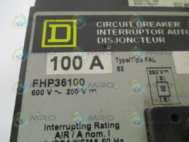 SQUARE D FHP36100 CIRCUIT BREAKER 100A *USED*