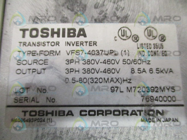 TOSHIBA VFS7-4037UPL TRANSISTOR INVERTER (AS PICTURED) *USED*