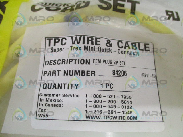 TPC WIRE & CABLE 84206 FEMALE PLUG 2P 6FT *NEW IN FACTORY BAG*