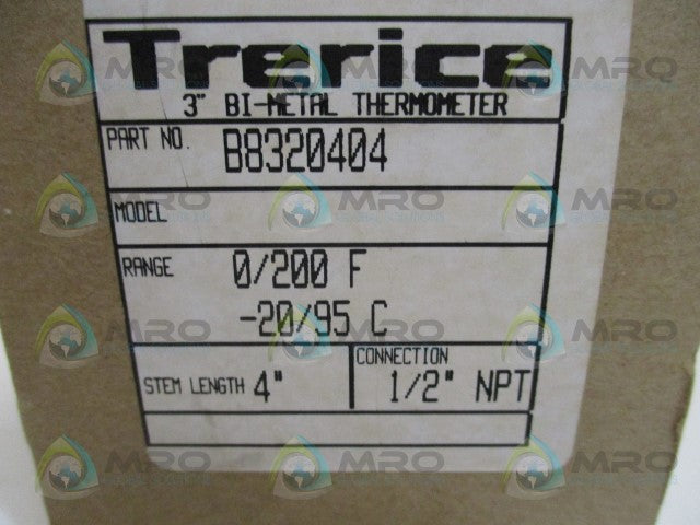 TRERICE B8320404 BI-METAL THERMOMETER 0/200F  STEM 4" *NEW IN BOX*