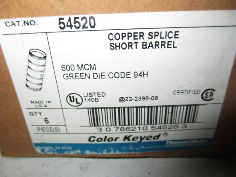 LOT OF 6 THOMAS & BETTS 54520 COPPER SPLICE SHORT BARREL *NEW IN BOX*