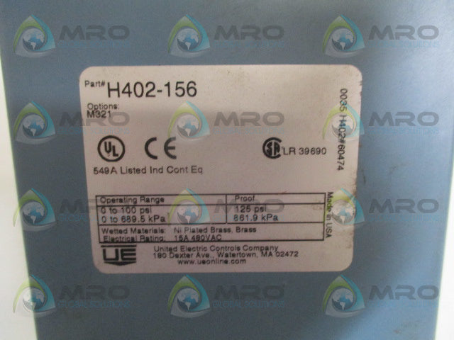 UNITED ELECTRIC H402-156 PRESSURE SWITCH 0-100 PSI *NEW NO BOX*