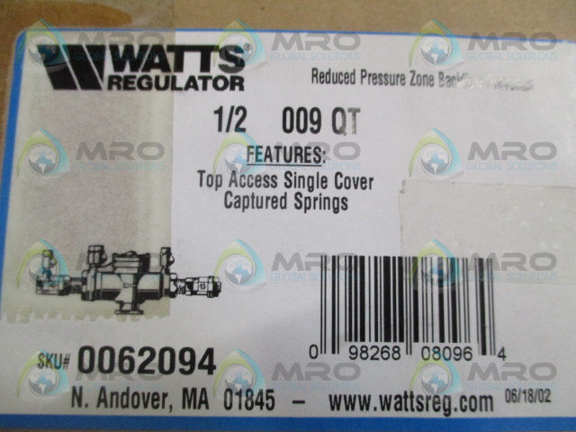 WATTS 0062094 1/2-009-QT REDUCED PRESSURE BACKFLOW PREVENTER 1/2" *NEW IN BOX*