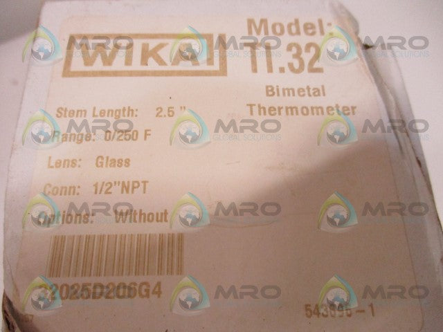 WIKA TI.32 32025D206G4 BIMETAL THERMOMETER 0/250F 2.5" STEM *NEW IN BOX*