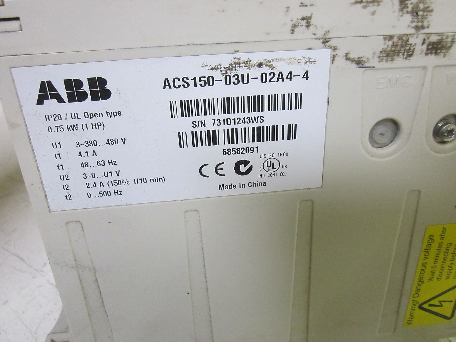 ABB ACS150-03U-02A4-4 CONTROL DRIVE .75KW 1 HP 480V  *USED*