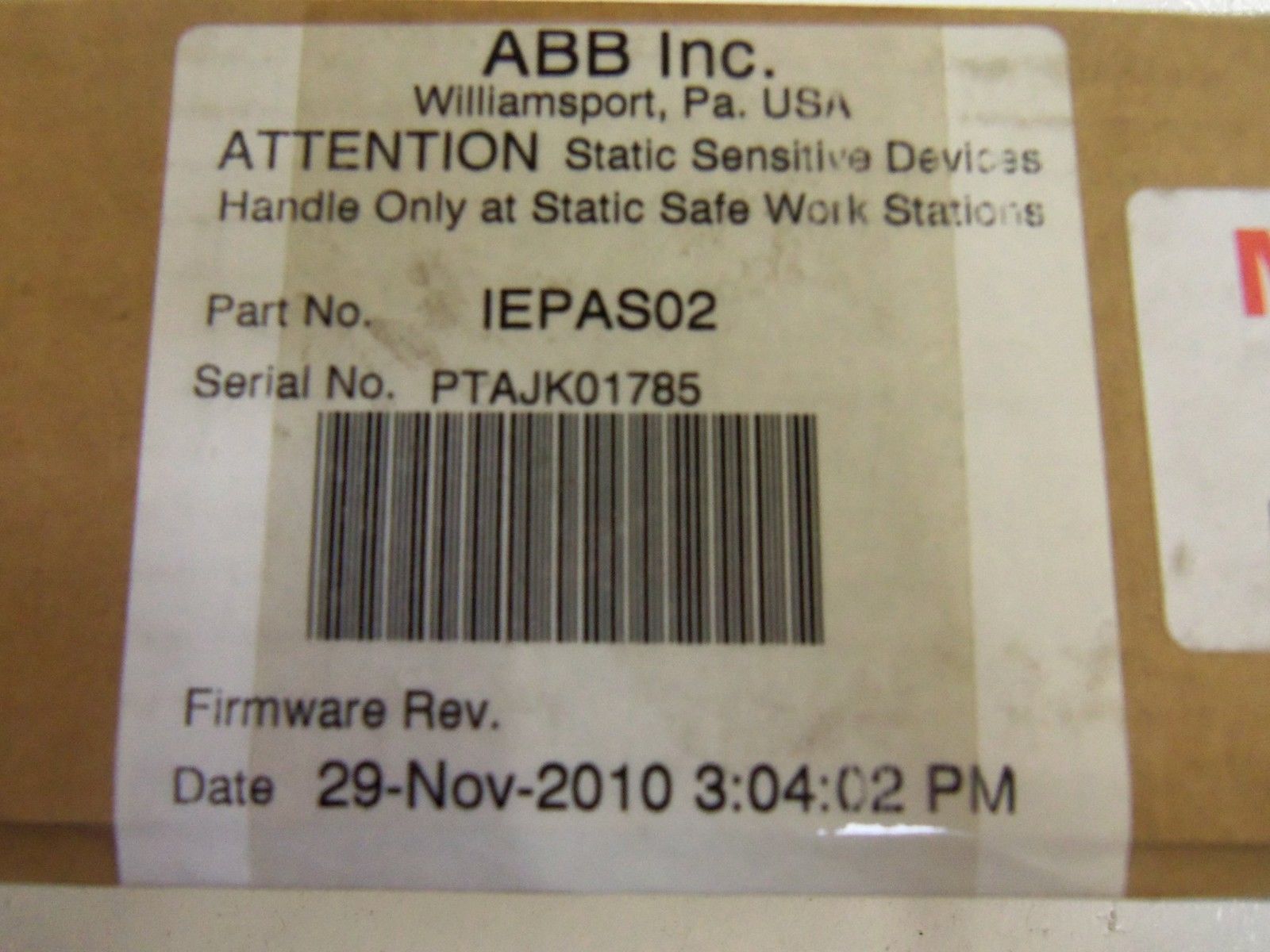 ABB IEPAS02 SEAL DATE 11-29-10 * SEALED *