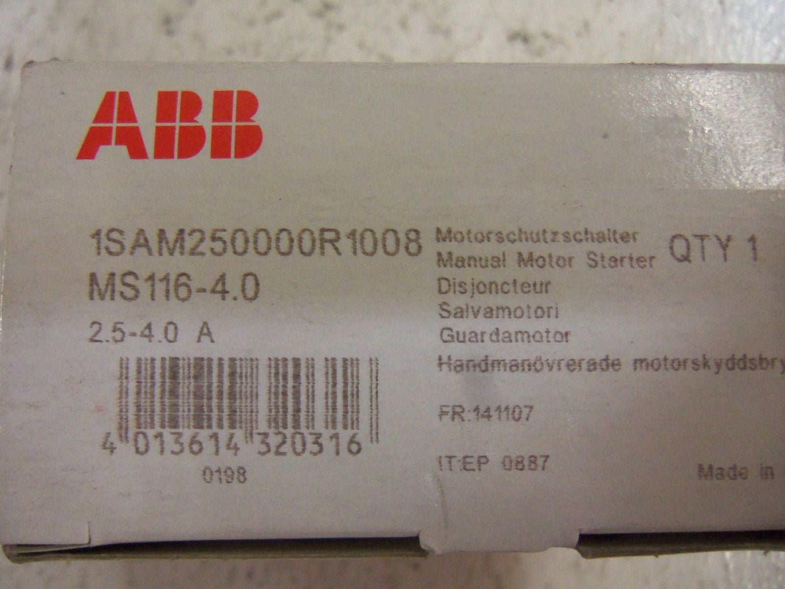 ABB MS116-4.0 1SAM250000R1008 MANUAL MOTOR STARTER 2.5-4.0A *NEW IN BOX*