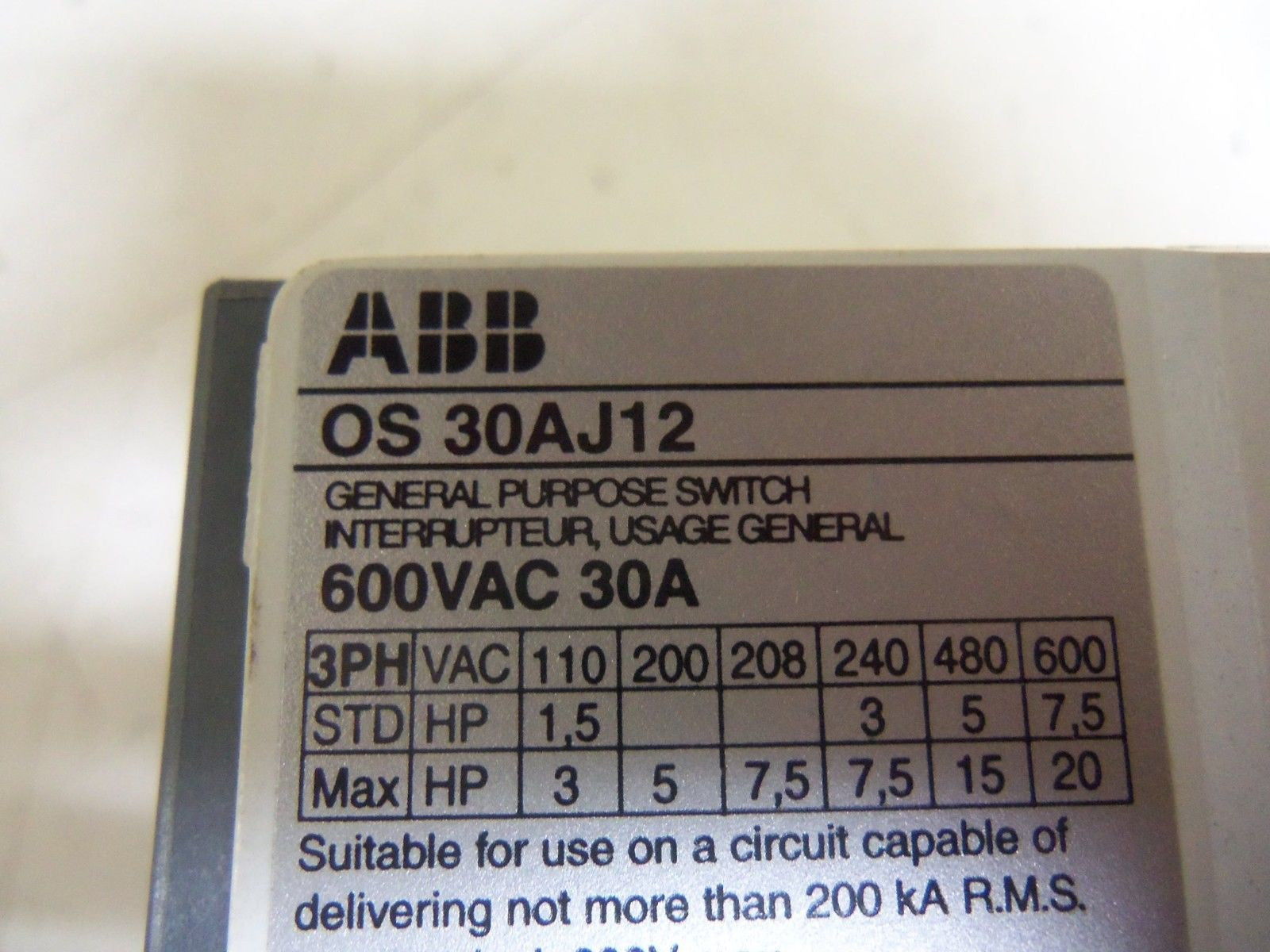 ABB OS30AJ12 GENERAL PURPOSE SWITCH *USED*