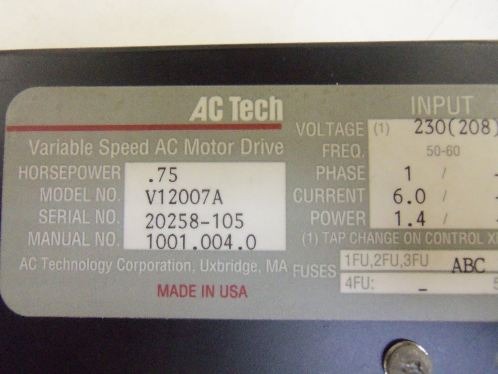 AC TECH V12007A VARIABLE SPEED AC MOTOR DRIVE .75 HP *USED*