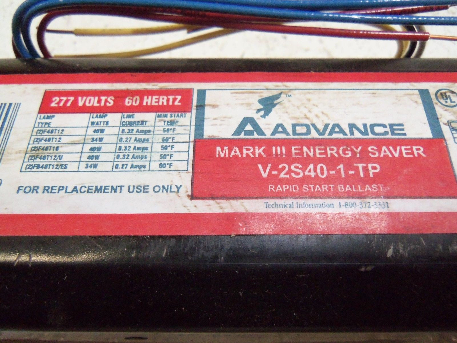 ADVANCE MARK III ENERGY SAVER V-2S40-1-TP RAPID START BALLAST *USED*