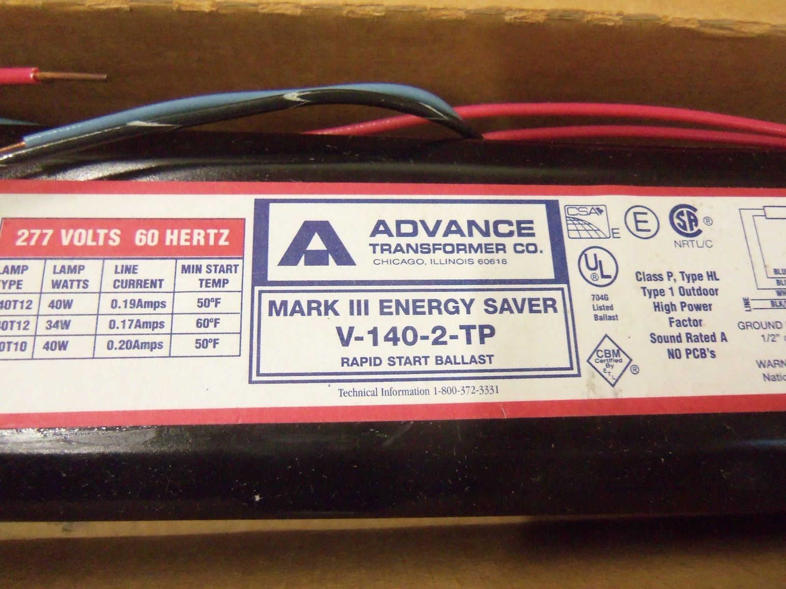 ADVANCE BALLASTS V-140-2-TP 277V *NEW IN BOX*