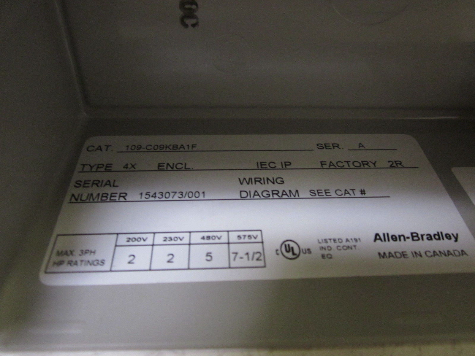 ALLEN BRADLEY 109-C09KBA1F SER. A STARTER *USED*