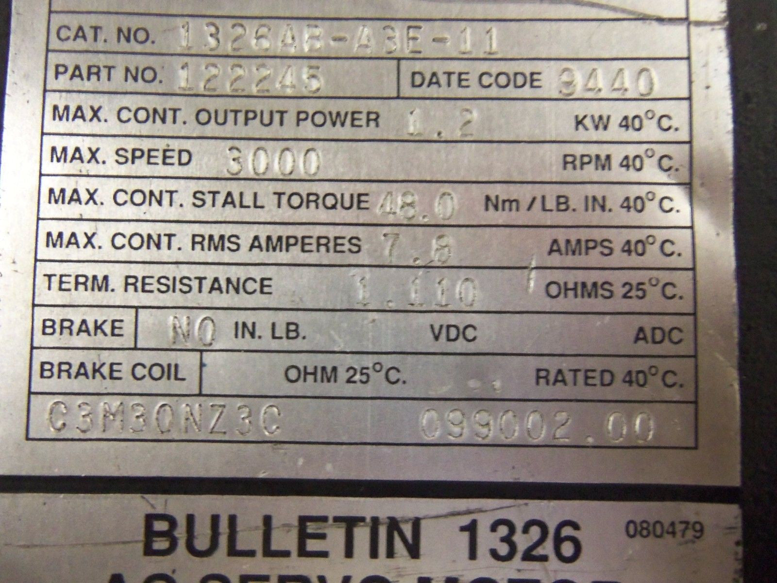 ALLEN BRADLEY 1326AB-A3E-11 AC SERVO MOTOR 1.2 KW 3000 RPM *USED*