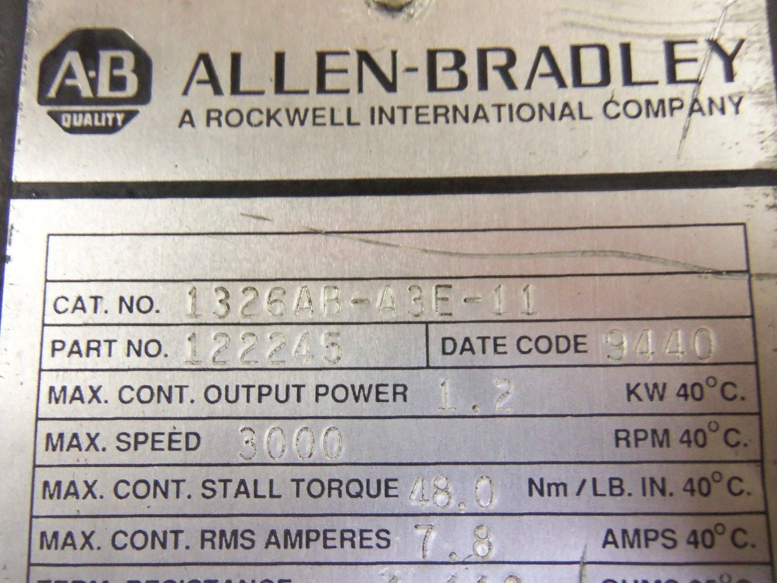 ALLEN BRADLEY 1326AB-A3E-11 AC SERVO MOTOR 1.2 KW 3000 RPM *USED*