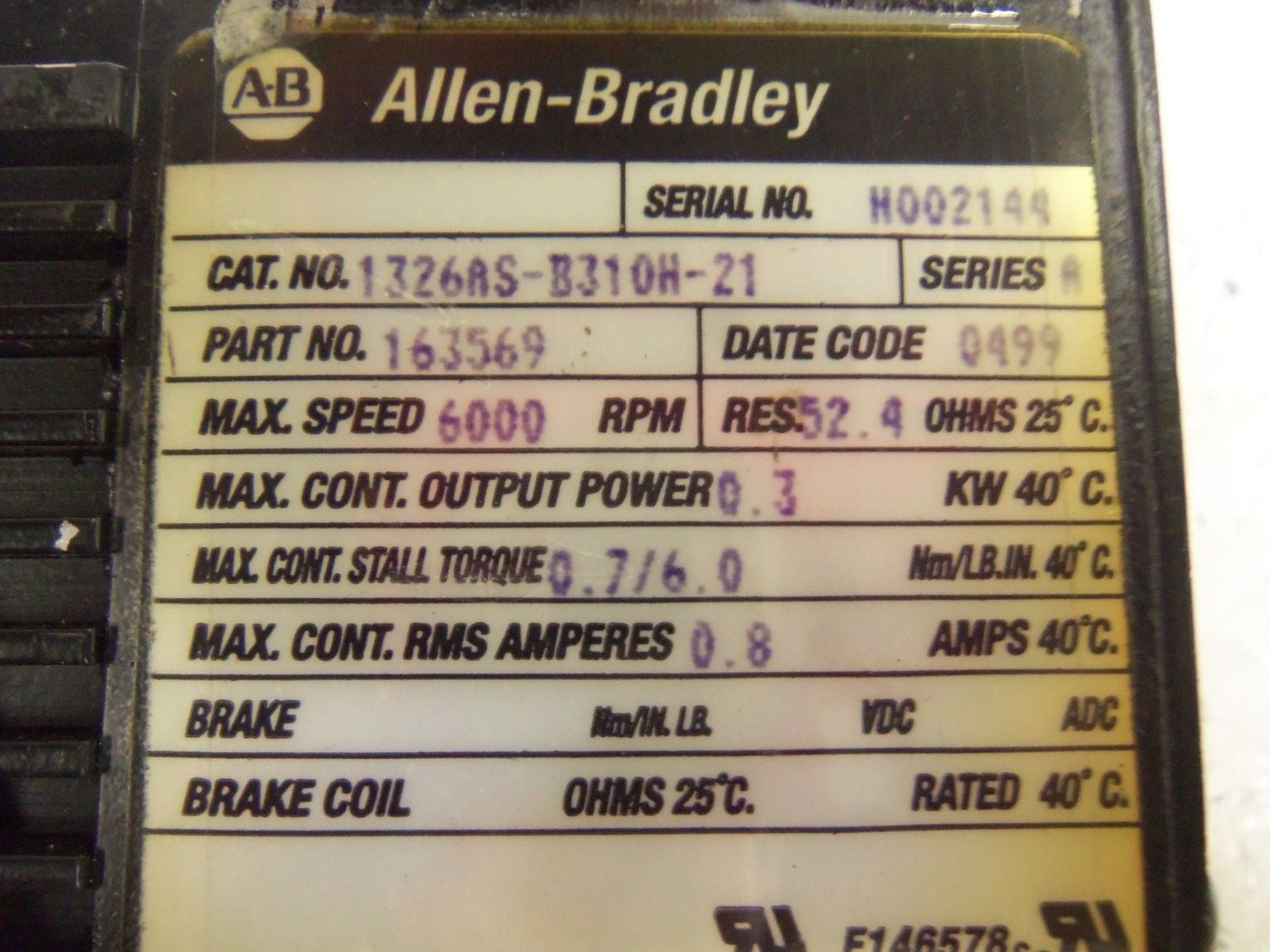 ALLEN BRADLEY 1326AS-B310H-21 SERIES A SERVO MOTOR *USED*