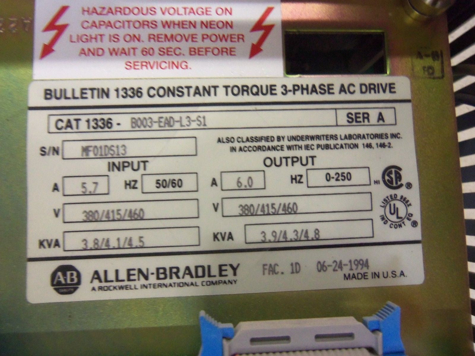 ALLEN BRADLEY 1336-B003-EAD-L3-S1 SER. A AC DRIVE *USED*