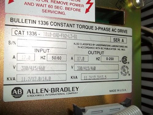 ALLEN BRADLEY 1336-B010-EAD-FA2-L3-S1 SER. A AC DRIVE *USED*