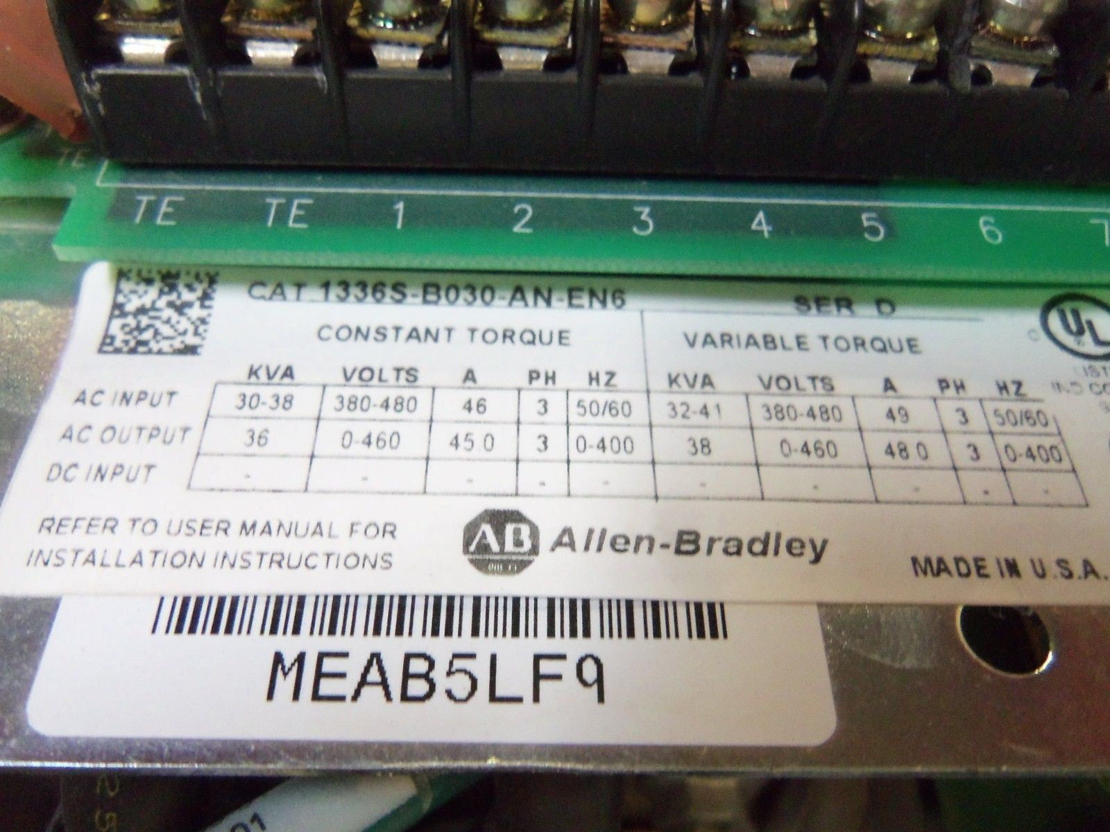 ALLEN BRADLEY 1336S-B030-AN-EN6 SER. D DRIVE (AS PICTURED) *USED*