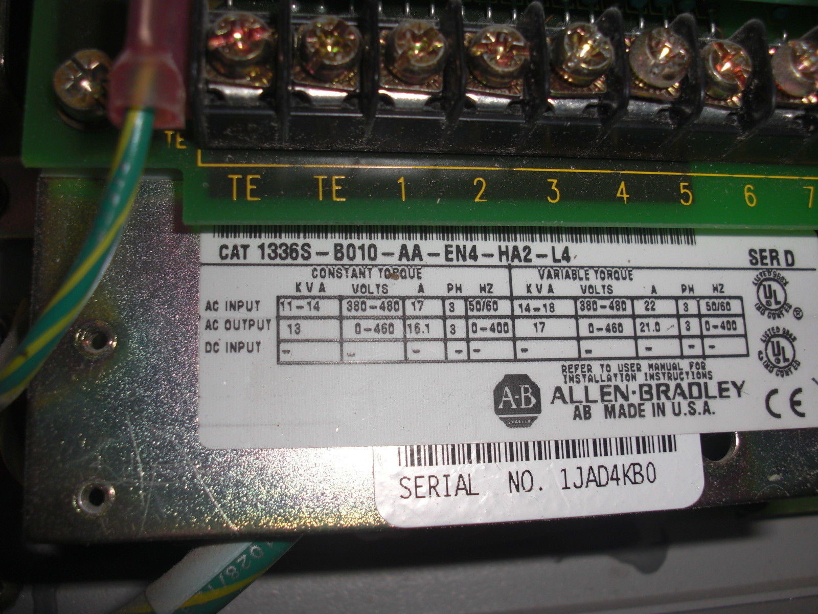 ALLEN BRADLEY 1336S-B010-AA-EN4-HA2-L4 SER. D AC DRIVE *USED*