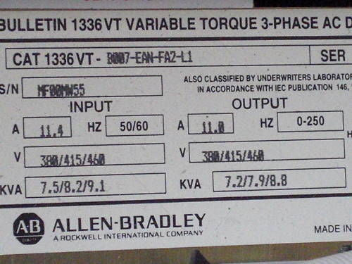 ALLEN BRADLEY 1336VT-B007-EAN-FA2-L1 *USED IN WORKING CONDITION*
