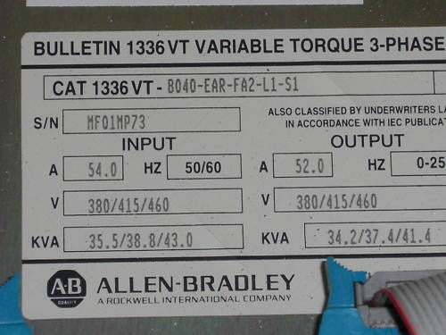 ALLEN BRADLEY 1336VT-B040-EAR-FA2-L1-S1 DRIVE  *USED*