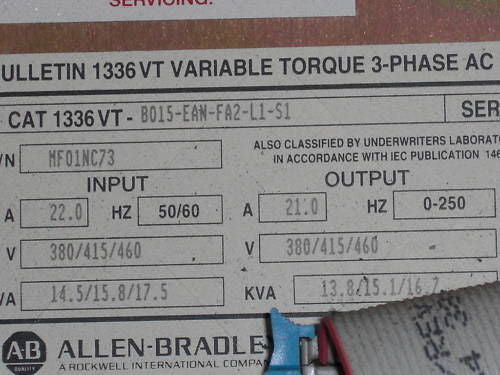 ALLEN BRADLEY 1336VT-B015-EAN-FA2-L1-S1  DRIVE  *USED*