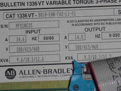 ALLEN BRADLEY 1336VT-B010-EAN-FA2-L1-S1  DRIVE  *USED*