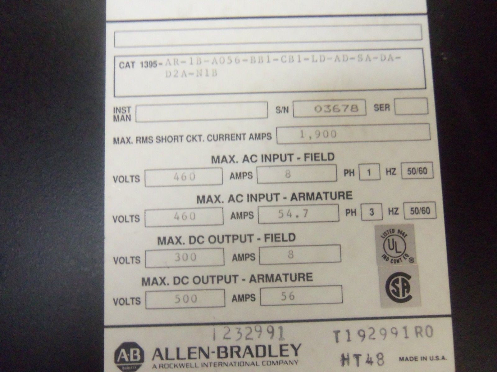 ALLEN BRADLEY 1395-1B-A056-BB1-CB1-LD-AD-SA-DA-D2A-N1B *USED*