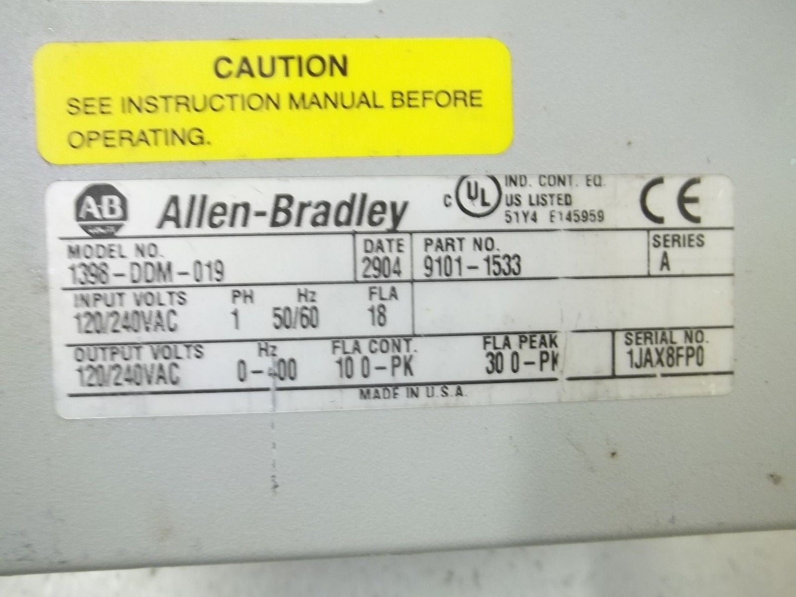ALLEN BRADLEY 1398-DDM-019 SER.A  SERVO DRIVE *USED*