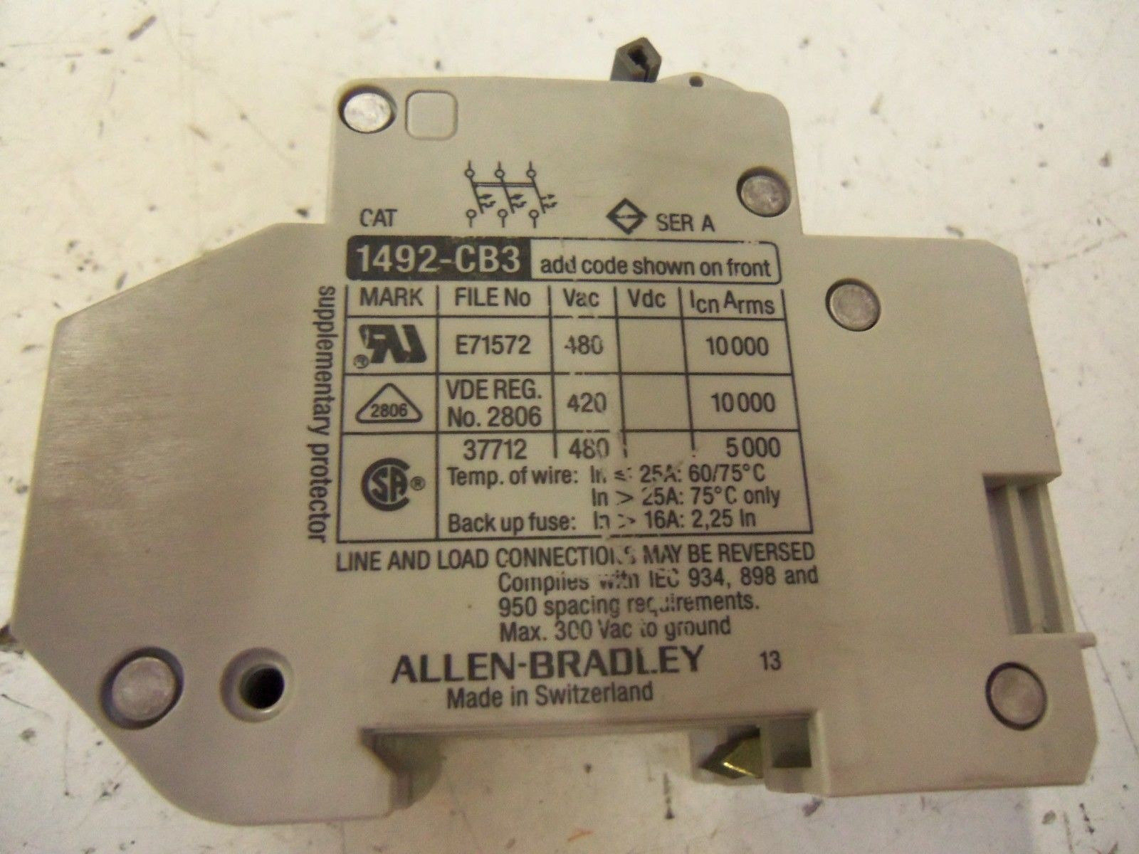 ALLEN BRADLEY 1492-CB3G060 SER. A CIRCUIT BREAKER 6A *USED*