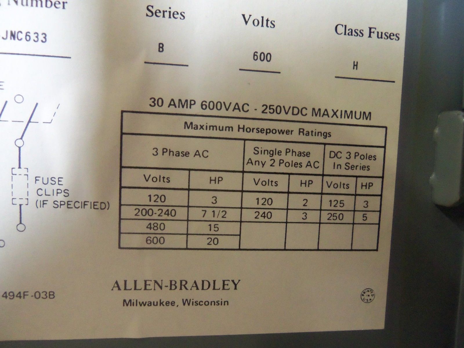 ALLEN BRADLEY 1494F-JNC633 SERIES B *USED*