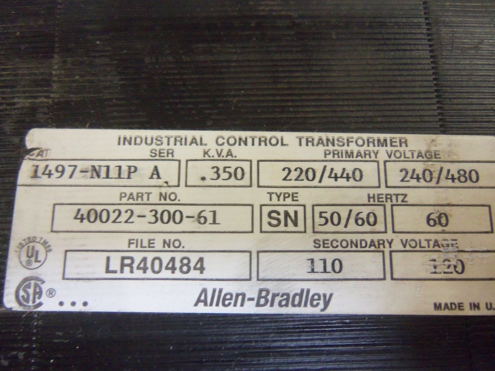 ALLEN BRADLEY 1497-N11P SERIES A TRANSFORMER *USED*