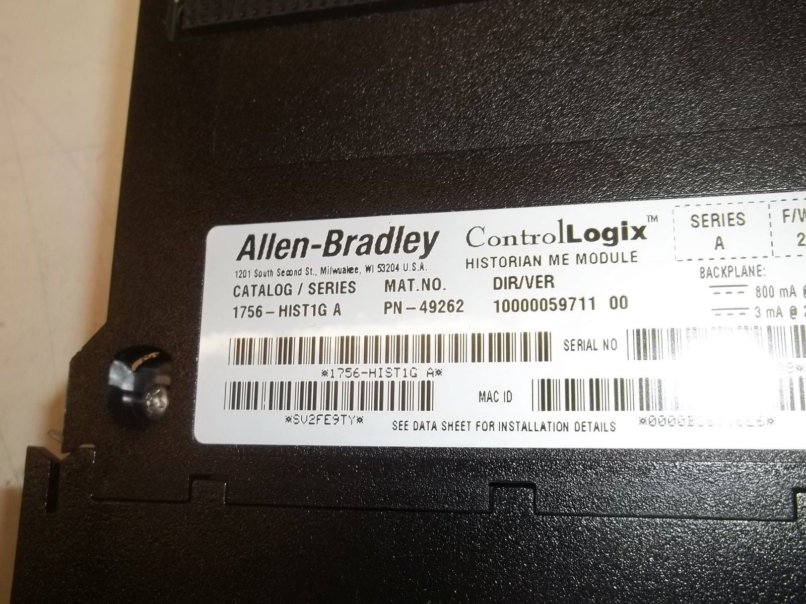 ALLEN BRADLEY CONTROLLOGIX 1756-HIST1G SER. A F/W 2.100 HISTORIAN MODULE *USED*