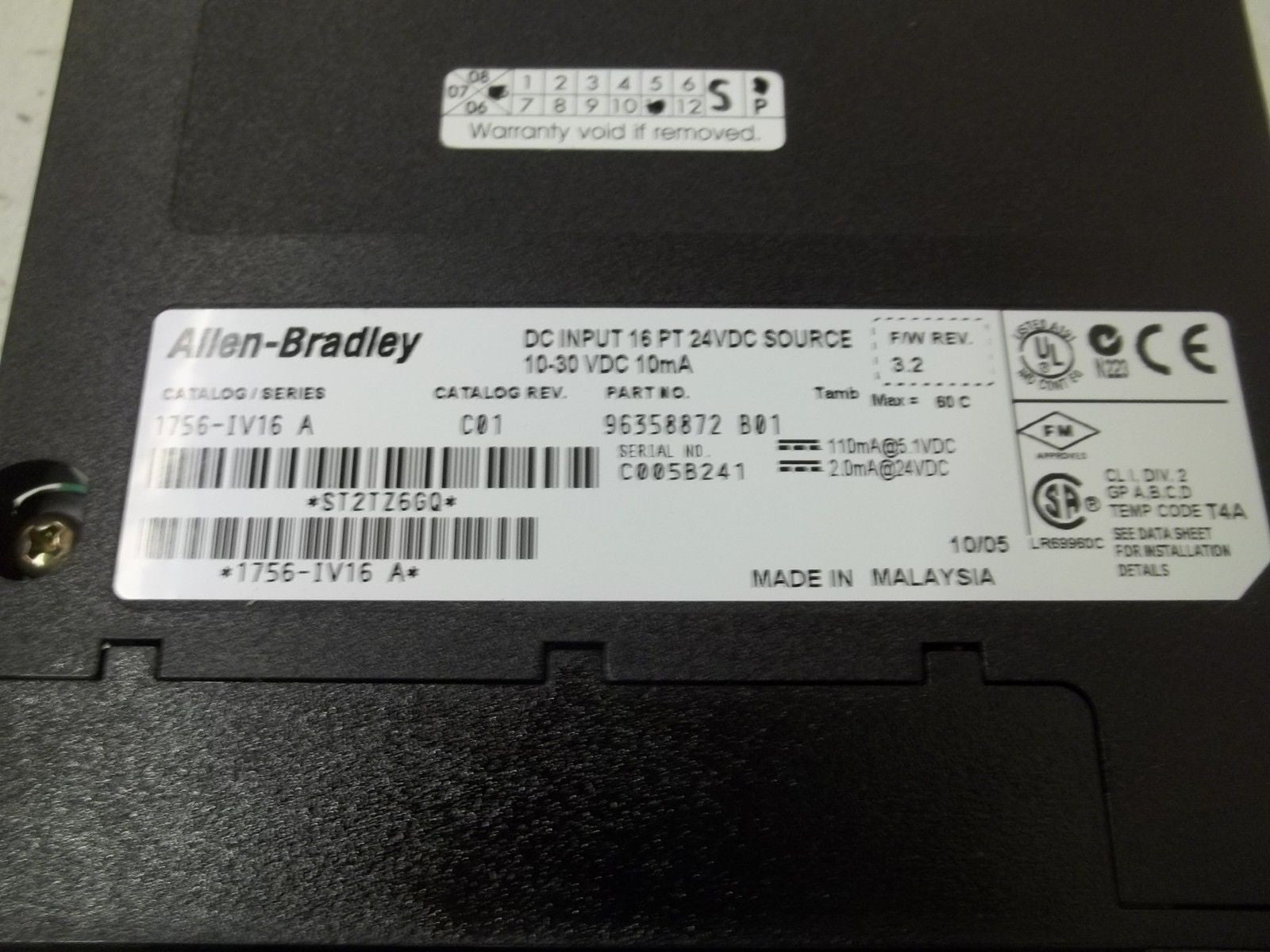 ALLEN BRADLEY CONTROLLOGIX 1756-IV16 SER. A F/W 3.2 INPUT MODULE *NEW IN BOX*