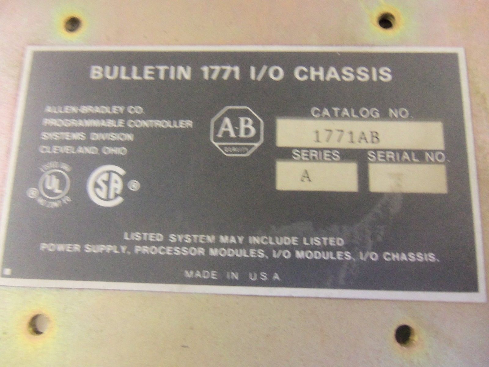 ALLEN BRADLEY 1771-AB SER. A 8-SLOT I/O CHASSIS *USED*