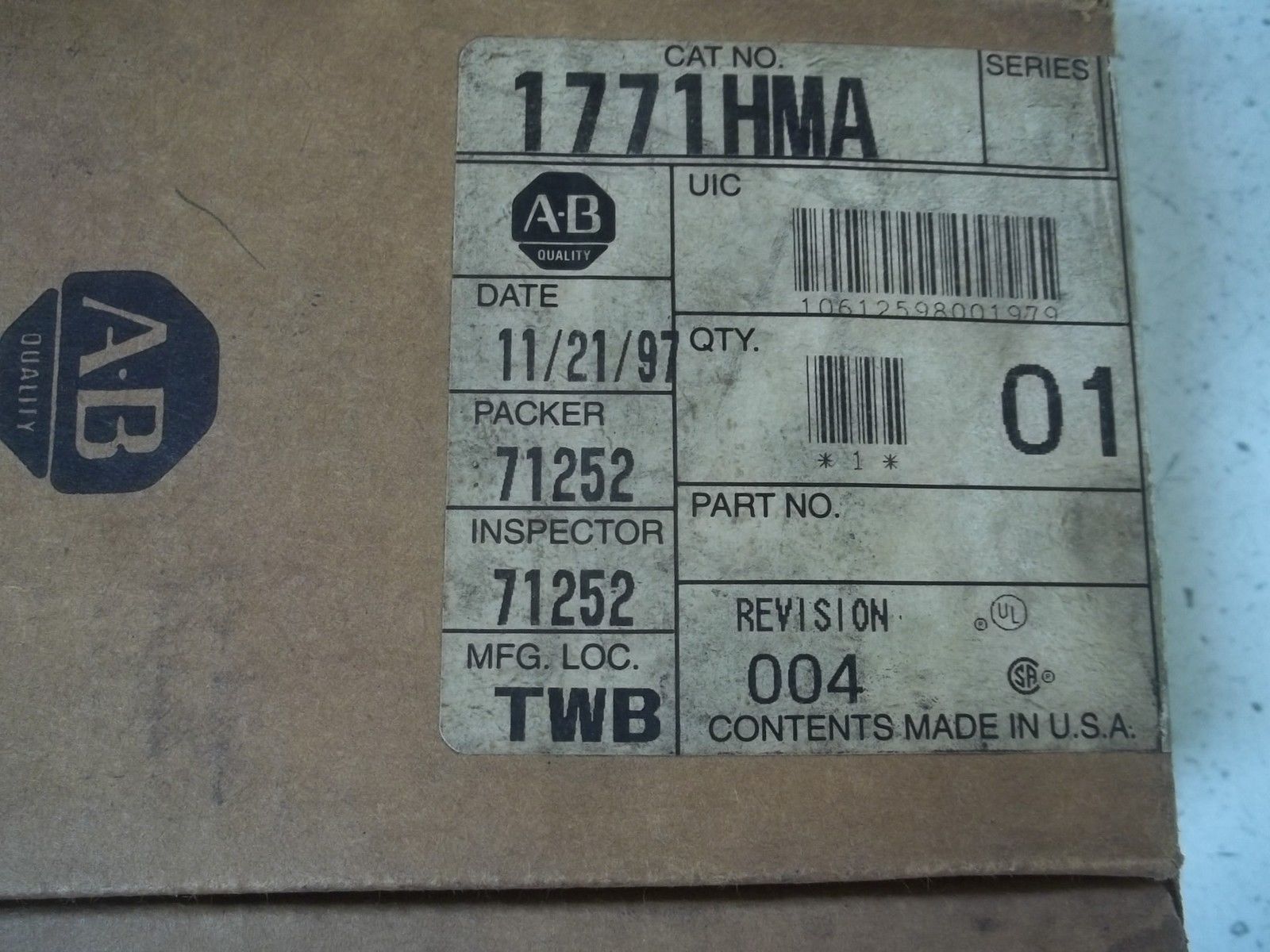 ALLEN BRADLEY 1771-HMA 96K CMOS MEMORY CARD *NEW IN BOX*