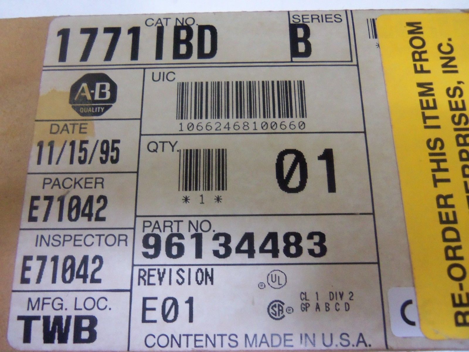 ALLEN BRADLEY 1771-IBD SER. B DATE: 1995 *FACTORY SEALED*