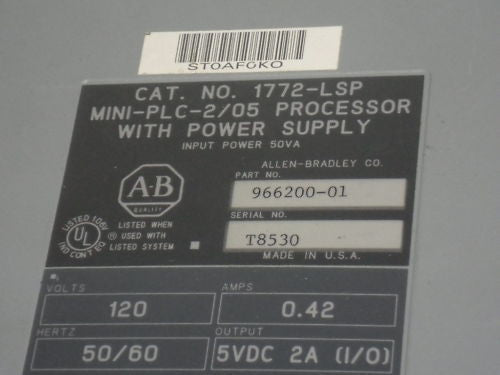 ALLEN BRADLEY 1772-LSP SER. A F/W 5 PROCESSOR WITH POWER SUPPLY *USED*