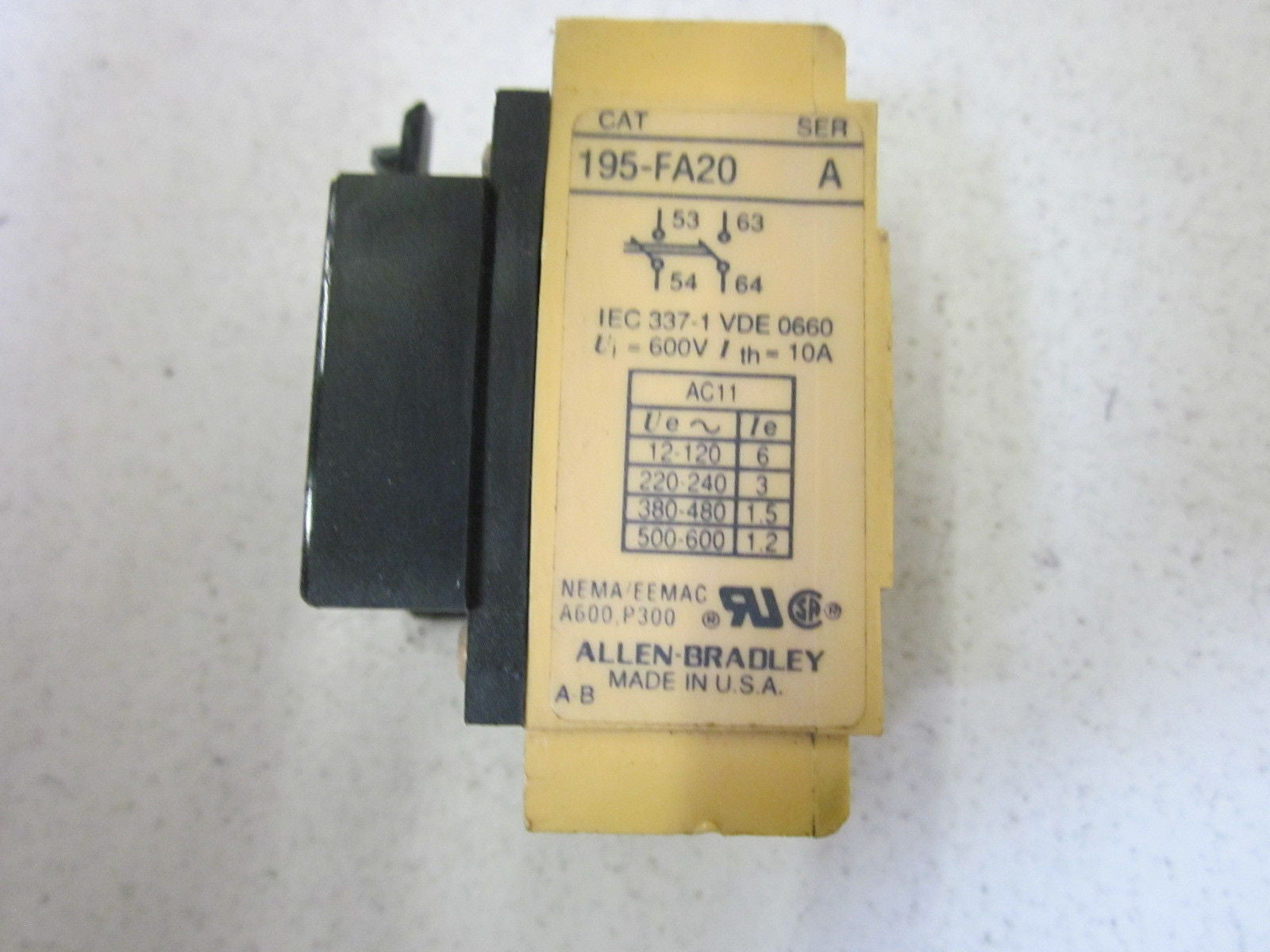 ALLEN BRADLEY 195-FA20 SER. A AUXILIARY CONTACT *USED*