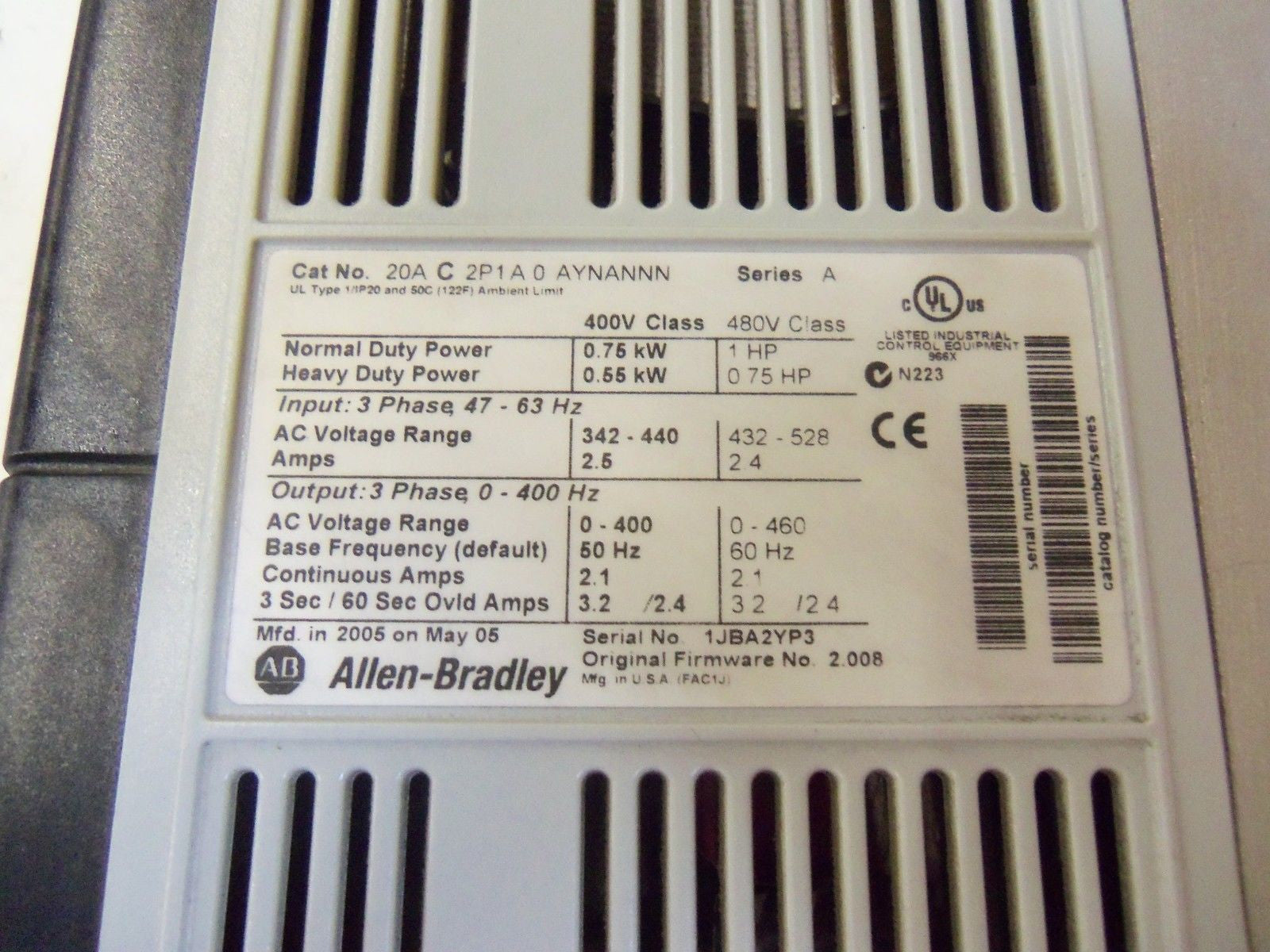 ALLEN BRADLEY 20A-C-2P1A0-AYNANNN SERIES A *USED*