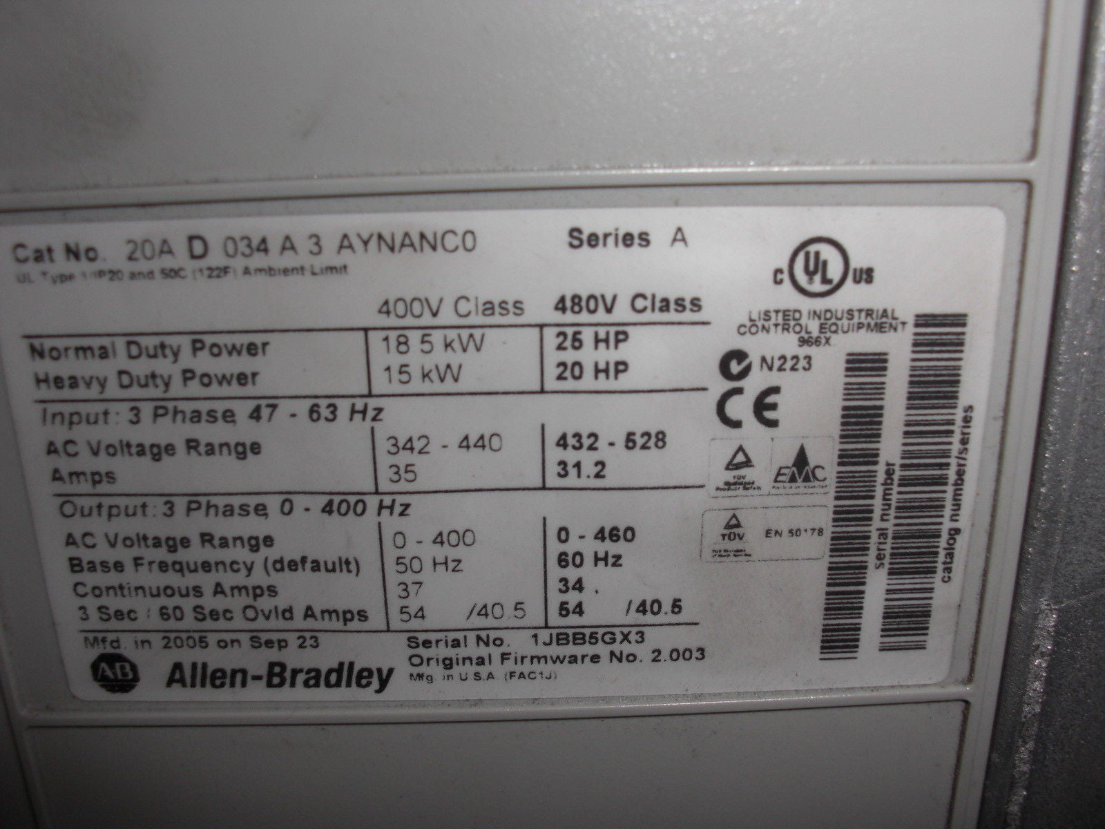 ALLEN BRADLEY 20AD034A3AYNANC0 SERIES A *USED*